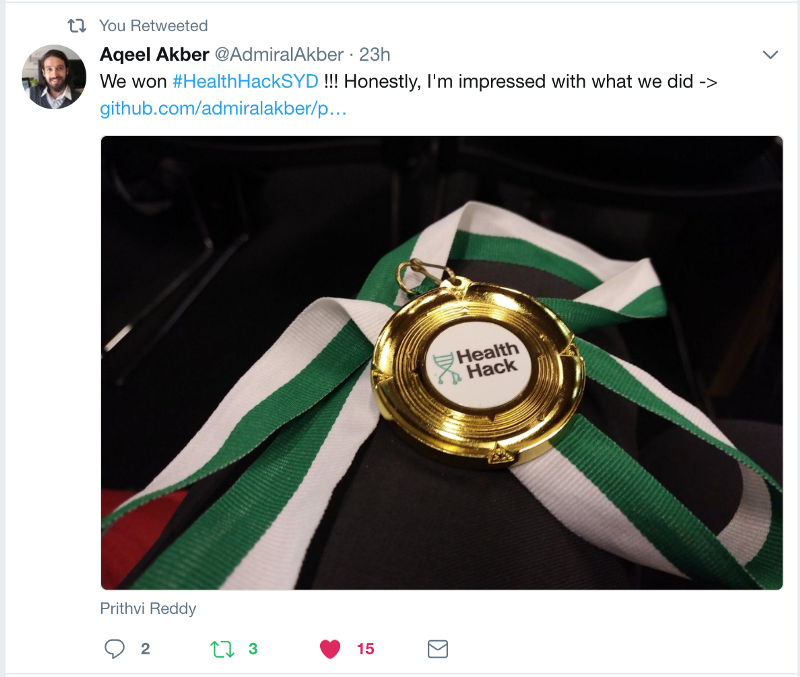 HealthHack Sydney 2017 winning tweet